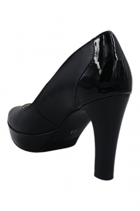 Pantofi damă eleganți, piele naturală cu lac, vârf rotund, toc înalt îmbrăcat, negru [4]