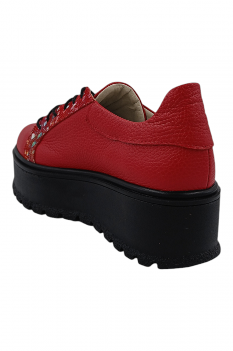 Pantofi damă fara toc, piele naturală bizon cu sireturi talpă înaltă, imprimeu buline colorate, rosu, Sandali [3]