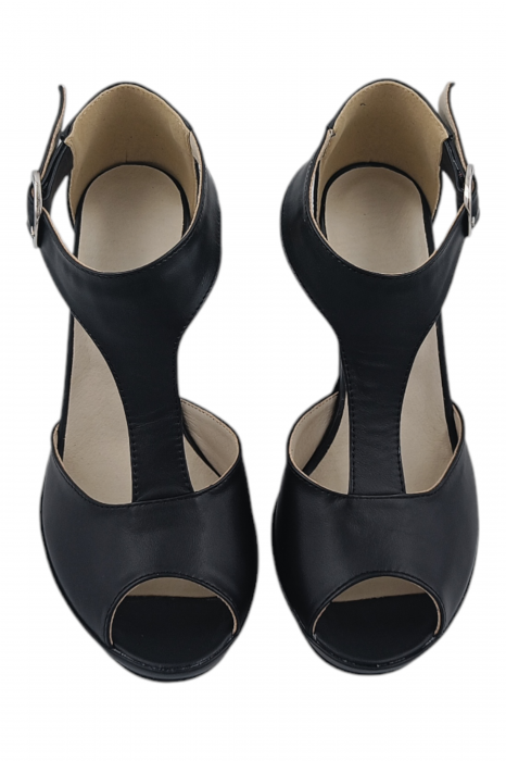 Sandale damă elegante, piele naturală, vârf decupat, cataramă lată, negru [4]
