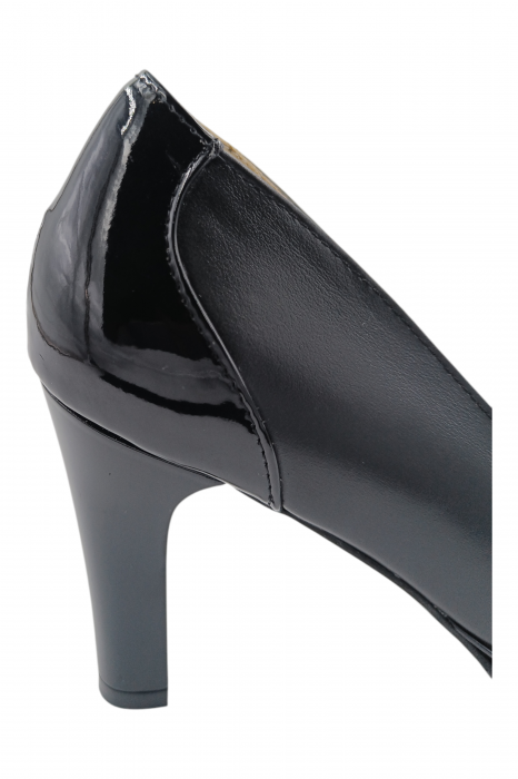 Pantofi damă eleganți, piele naturală cu lac, vârf rotund, toc înalt îmbrăcat, negru [2]