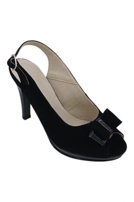 Sandale damă elegante, piele naturală întoarsă, vârf decupat cu fundă, cataramă, cu platformă, negru [2]