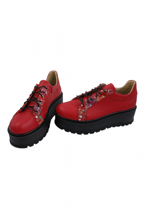 Pantofi damă fara toc, piele naturală bizon cu sireturi talpă înaltă, imprimeu buline colorate, rosu, Sandali [5]