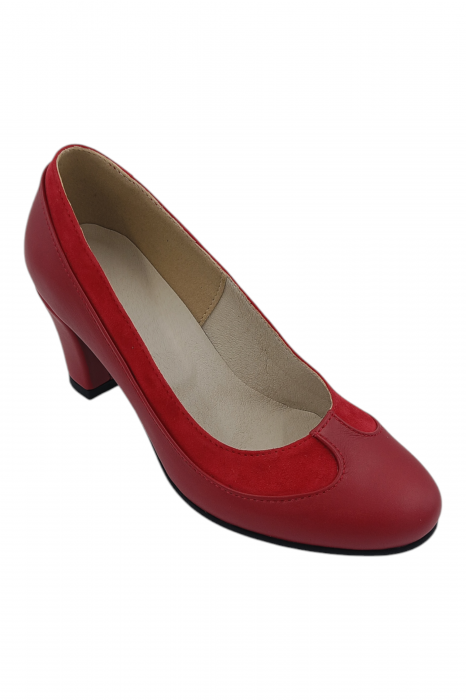 Pantofi damă eleganți, piele naturală, vârf rotund, toc gros mediu, roșu [2]
