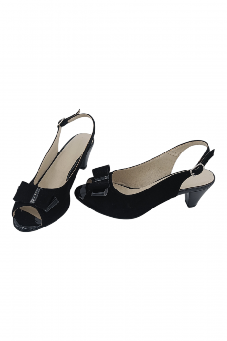 Sandale damă eleganți, piele naturală întoarsă, vârf decupat cu fundă, toc conic, negru [5]