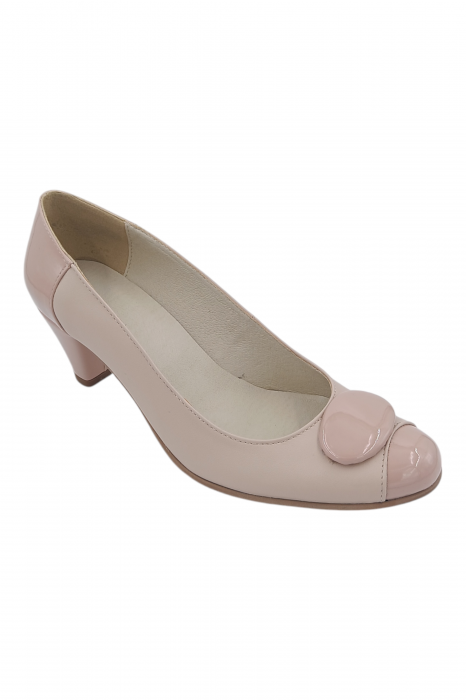 Pantofi damă eleganți, piele naturală cu lac, vârf rotund, toc mic si conic, bej [3]
