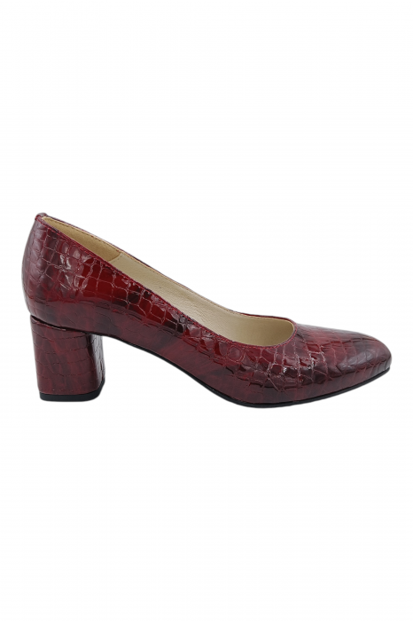 Pantofi damă eleganți, piele naturală lacuita croco, varf rotund, toc gros mediu, visiniu [2]