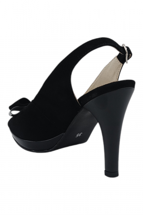 Sandale damă elegante, piele naturală întoarsă, vârf decupat cu fundă, cataramă, cu platformă, negru [3]