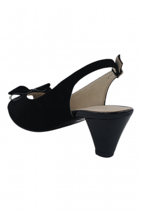 Sandale damă eleganți, piele naturală întoarsă, vârf decupat cu fundă, toc conic, negru [3]