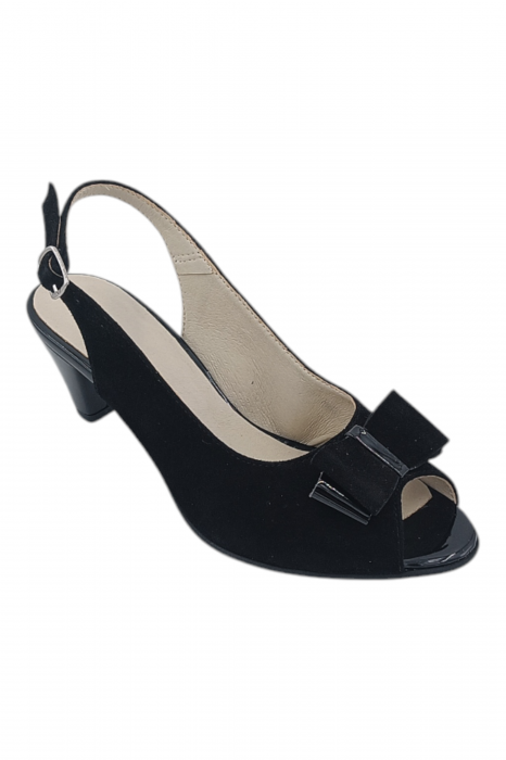 Sandale damă eleganți, piele naturală întoarsă, vârf decupat cu fundă, toc conic, negru [2]