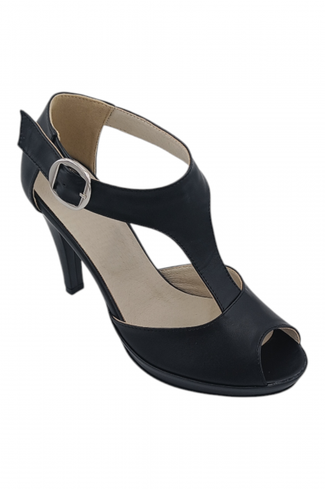 Sandale damă elegante, piele naturală, vârf decupat, cataramă lată, negru [2]