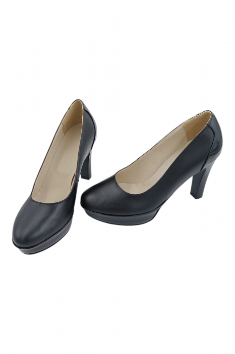 Pantofi damă eleganți, piele naturală cu lac, vârf rotund, toc înalt îmbrăcat, negru [6]