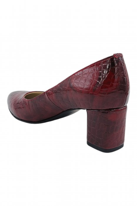 Pantofi damă eleganți, piele naturală lacuita croco, varf rotund, toc gros mediu, visiniu [3]