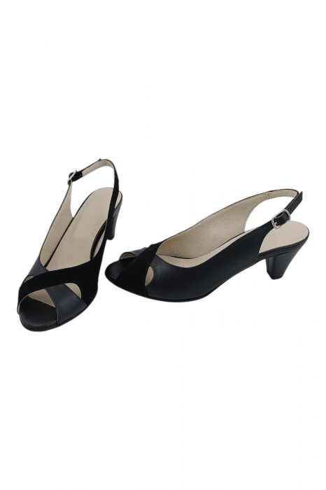 Sandale damă eleganți, piele naturală cu piele întoarsă, vârf decupat, toc conic, negru [5]
