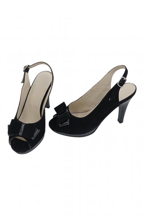 Sandale damă elegante, piele naturală întoarsă, vârf decupat cu fundă, cataramă, cu platformă, negru [5]
