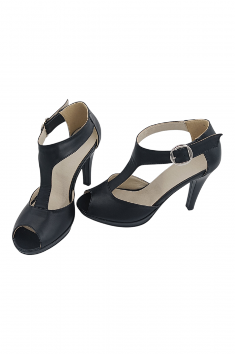 Sandale damă elegante, piele naturală, vârf decupat, cataramă lată, negru [5]