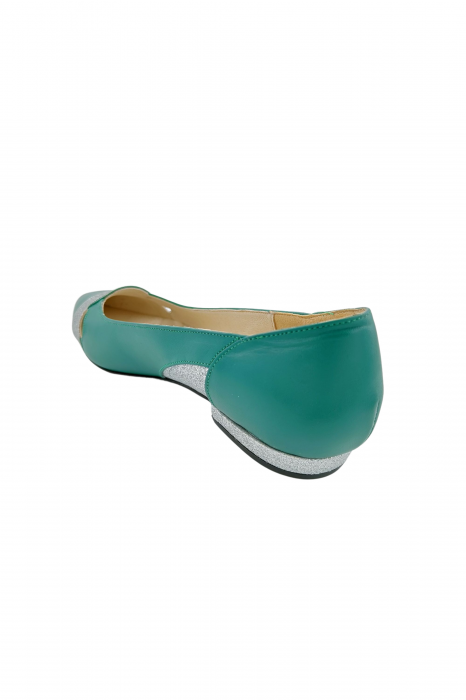 Balerini dama eleganti, piele naturala box, varf ascutit, toc mic, bareta, glitter argintiu, verde, Sandali [2]