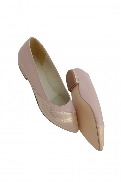 Balerini dama eleganti, piele naturala box, varf ascutit, toc mic, bej, linii aurii, Sandali [4]