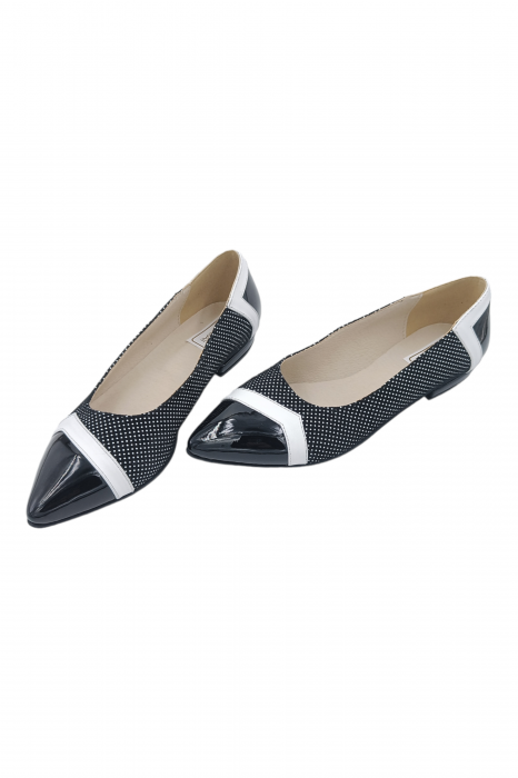 Balerini damă eleganți, piele naturală lăcuită, ornamente, vârf ascuțit, toc mic, negru, imprimeu buline albe, SANDALI [6]