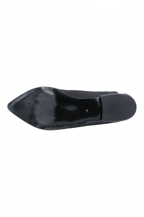 Balerini damă eleganți, piele naturală lăcuită, ornamente, vârf ascuțit, toc mic, negru, imprimeu buline albe, SANDALI [4]