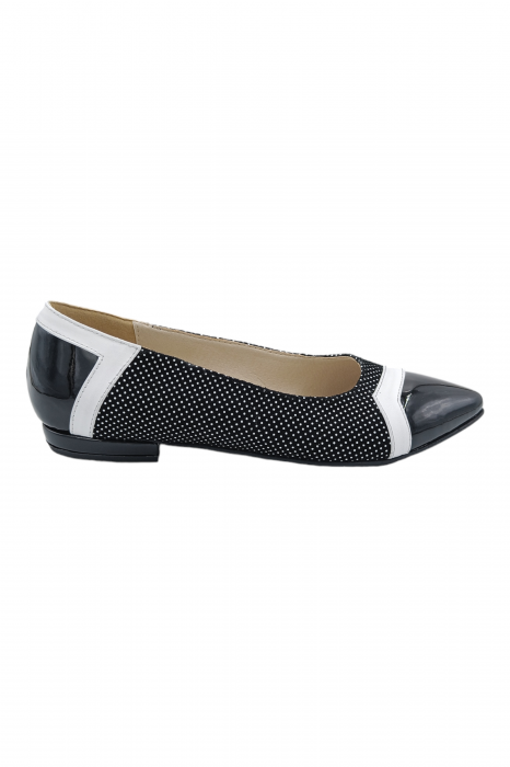 Balerini damă eleganți, piele naturală lăcuită, ornamente, vârf ascuțit, toc mic, negru, imprimeu buline albe, SANDALI [2]
