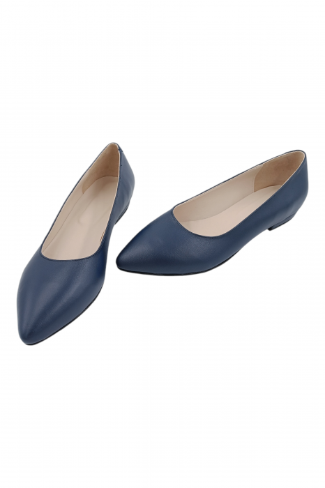 Balerini damă eleganți, piele naturală, vârf ascuțit, toc mic, albastru [5]