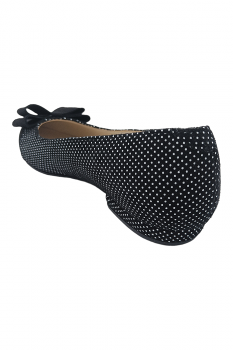 Balerini damă eleganți, piele naturală velur, fundă, vârf ascuțit, toc mic, negru, imprimeu buline albe, SANDALI [2]