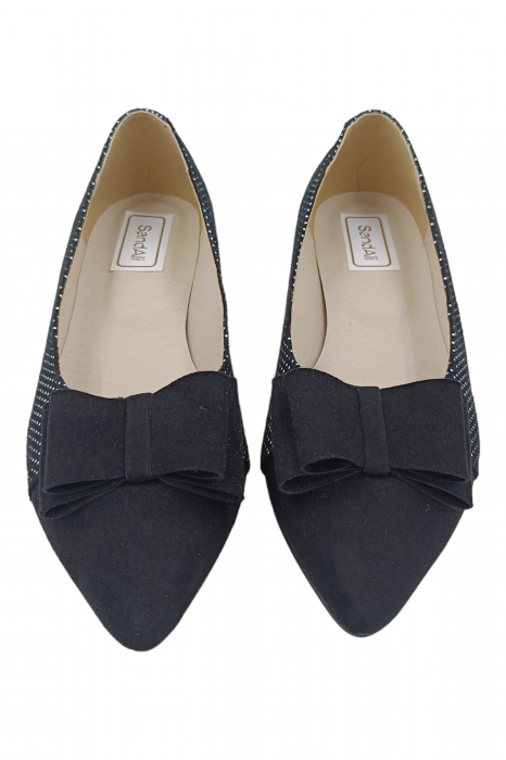 Balerini damă eleganți, piele naturală velur, fundă, vârf ascuțit, toc mic, negru, imprimeu buline albe, SANDALI [4]