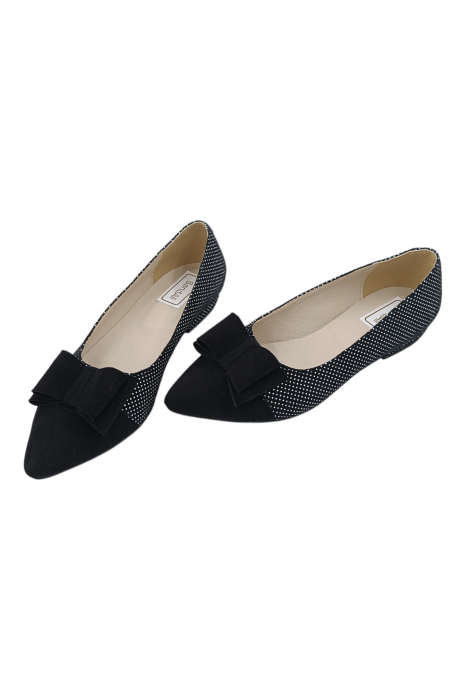 Balerini damă eleganți, piele naturală velur, fundă, vârf ascuțit, toc mic, negru, imprimeu buline albe, SANDALI [5]
