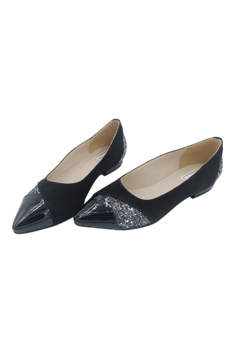 Balerini damă, piele naturală velur, vârf ascuțit, toc mic, glitter, negru [5]