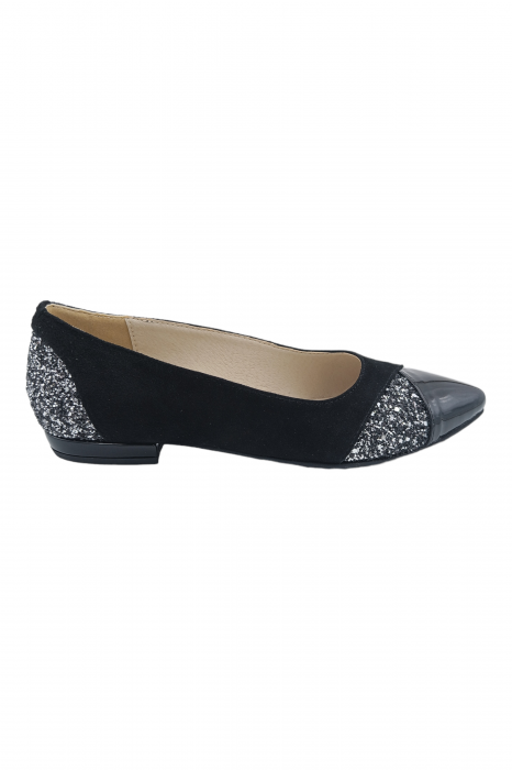 Balerini damă, piele naturală velur, vârf ascuțit, toc mic, glitter, negru [2]
