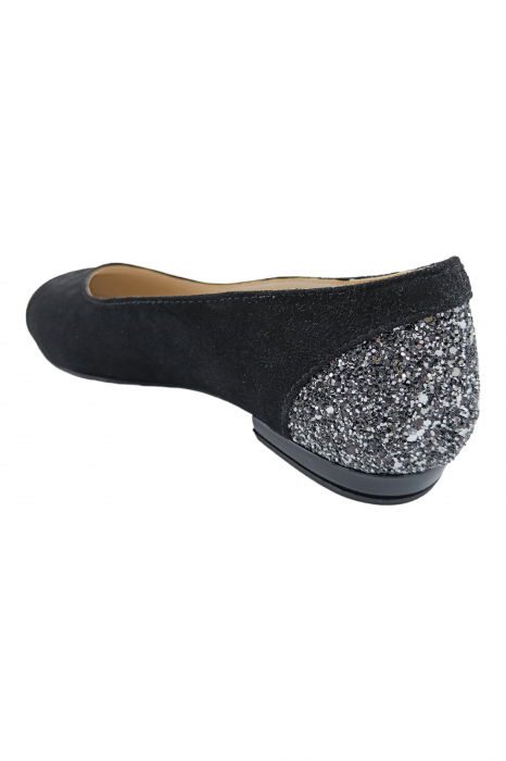 Balerini damă, piele naturală velur, vârf ascuțit, toc mic, glitter, negru [3]