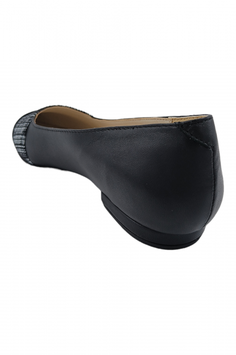 Balerini damă, piele naturală box, ornament imprimeu carouri albe, vârf ascuțit, toc mic, negru [3]