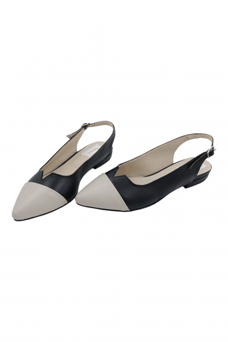 Balerini dama, piele naturala box, varf ascutit bej, toc mic, negru, Sandali [5]
