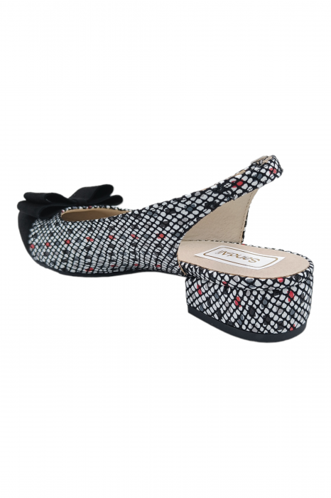 Sandale damă, piele naturală velur, fundă, vârf ascuțit negru, toc mic, imprimeu carouri albe, Sandali [3]