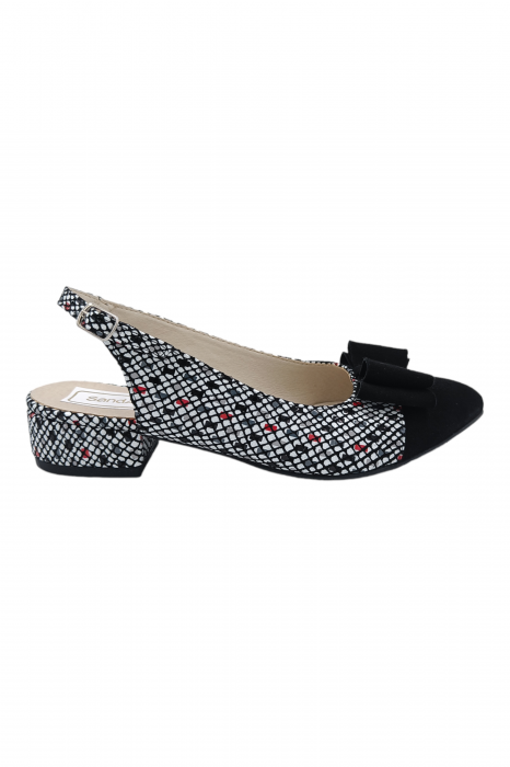Sandale damă, piele naturală velur, fundă, vârf ascuțit negru, toc mic, imprimeu carouri albe, Sandali [2]