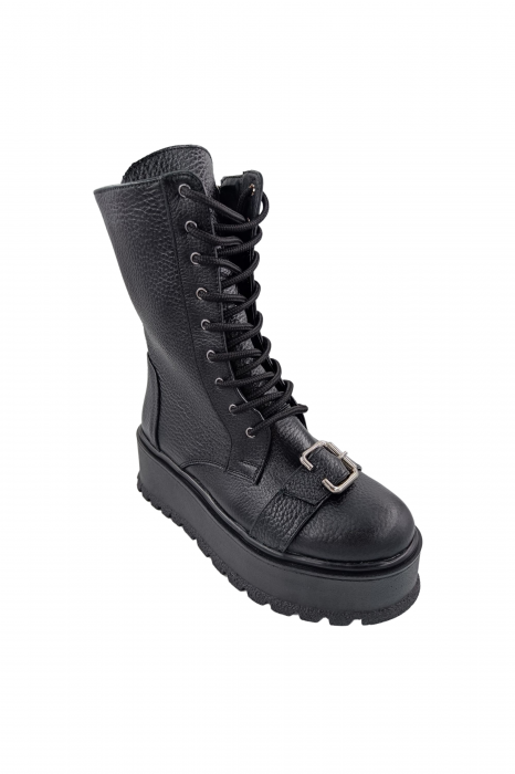 Ghete damă casual, piele naturală bizon, cataramă, talpă înaltă, negru, SANDALI [2]