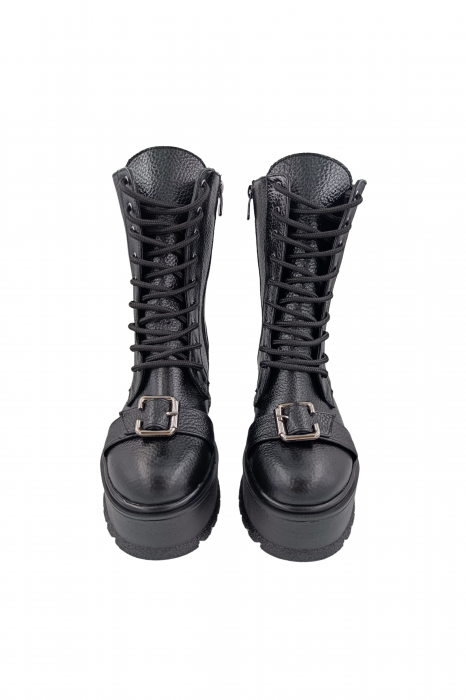 Ghete damă casual, piele naturală bizon, cataramă, talpă înaltă, negru, SANDALI [4]
