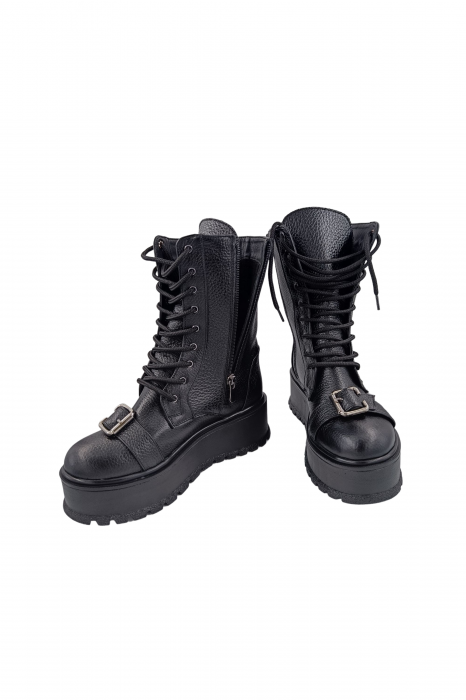 Ghete damă casual, piele naturală bizon, cataramă, talpă înaltă, negru, SANDALI [5]