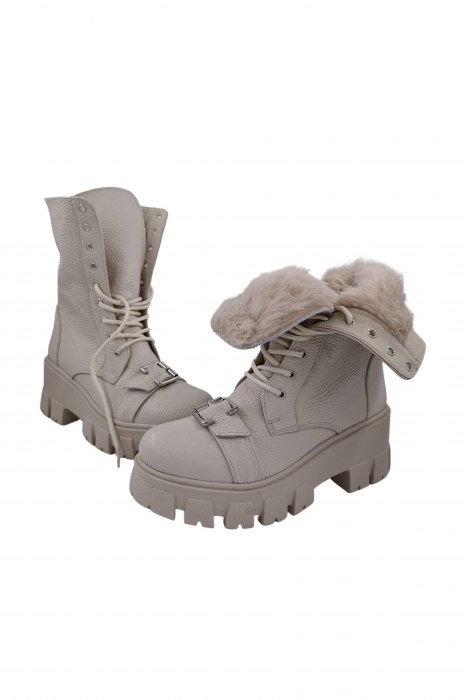 Ghete damă casual, piele naturală bizon, cataramă, talpă ușoară, crampoane mari, bej deschis, SANDALI [6]