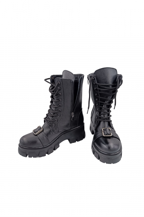 Ghete damă casual, piele naturală bizon, cataramă, talpă ușoară, crampoane mari, negru, SANDALI [5]