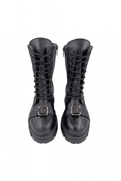 Ghete damă casual, piele naturală bizon, cataramă, talpă ușoară, crampoane mari, negru, SANDALI [4]