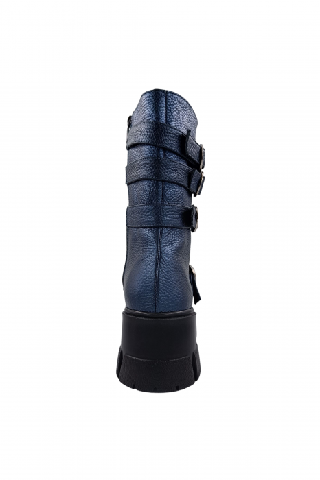 Ghete damă casual, piele naturală bizon, patru barete cu catarame, talpă ușoară, crampoane mari, albastru, Sandali [3]