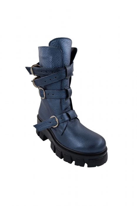 Ghete damă casual, piele naturală bizon, patru barete cu catarame, talpă ușoară, crampoane mari, albastru, Sandali [5]