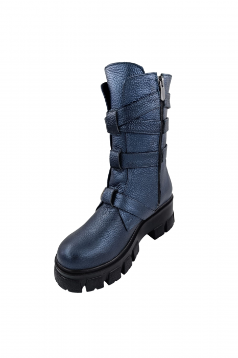 Ghete damă casual, piele naturală bizon, patru barete cu catarame, talpă ușoară, crampoane mari, albastru, Sandali [2]