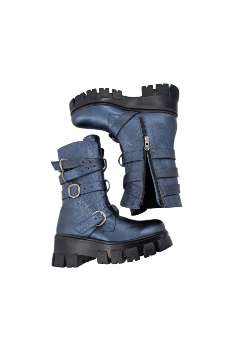 Ghete damă casual, piele naturală bizon, patru barete cu catarame, talpă ușoară, crampoane mari, albastru, Sandali [6]