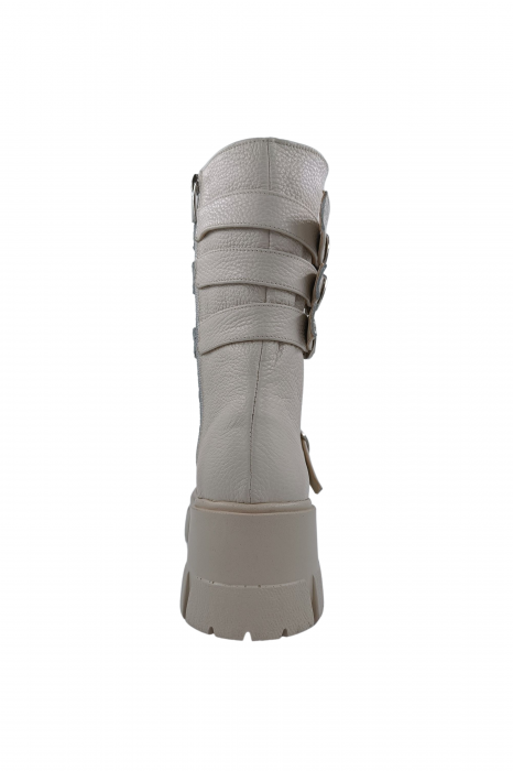 Ghete damă casual, piele naturală bizon, patru barete cu catarame, talpă ușoară, crampoane mari, bej deschis, Sandali [3]