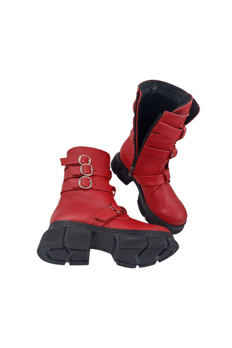 Ghete damă casual, piele naturală bizon, patru barete cu catarame, talpă ușoară cu striați, roșu, Sandali [6]