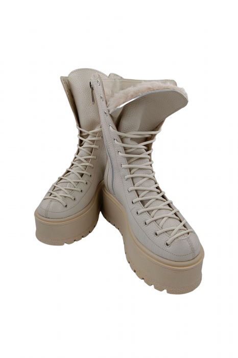 Ghete damă casual, piele naturală bizon, talpă înaltă, crampoane mari, bej [5]