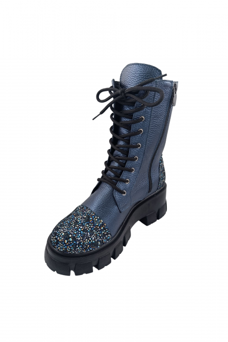 Ghete damă casual, piele naturală bizon, talpă ușoară, crampoane mari, albastru, flori albastre, SANDALI [2]