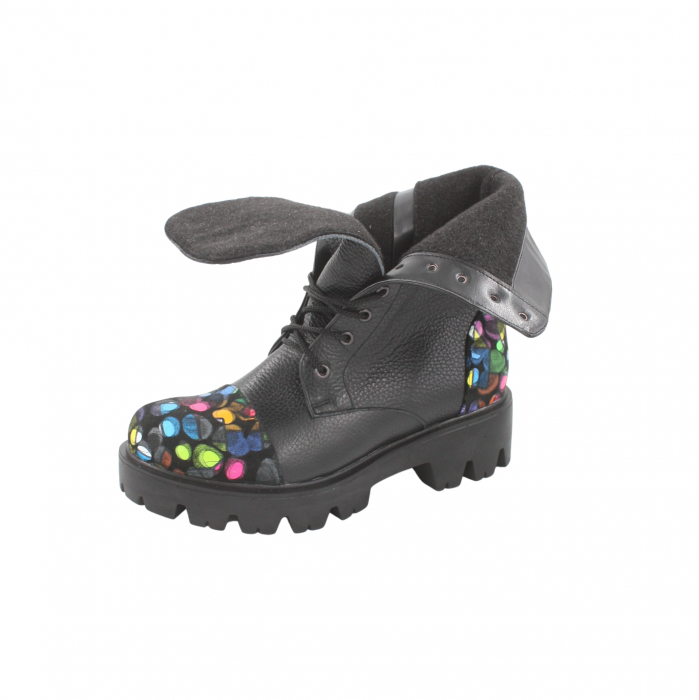 Ghete damă casual, piele naturală bizon, talpă ușoară, crampoane mari, negru, buline colorate, Sandali [2]